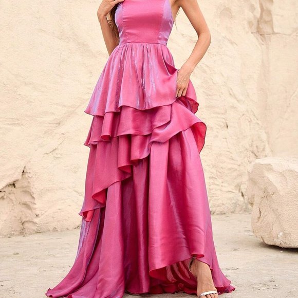 Rose Red Party Womens Layer Hem Chiffon Cami Dress - Picture 5 of 5